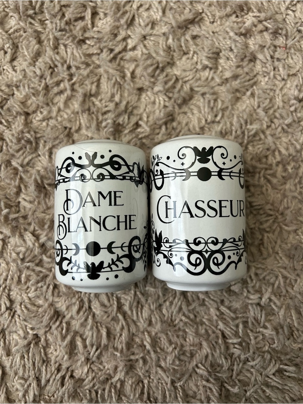 Dame Blanche & Chasseur Decorative Ceramic Salt and Pepper Shakers